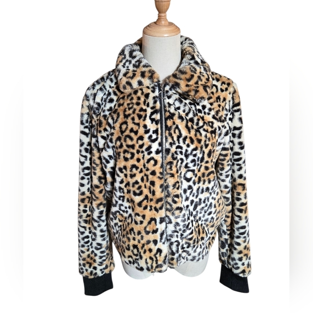 Nine West Leopard Animal Print Faux Fur Collared Jacket